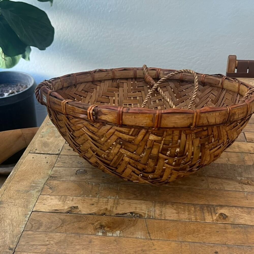 Large Vintage Hanging Basket Bowl Hand Woven Rattan Brown